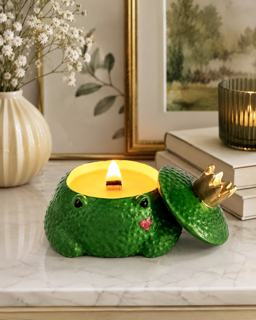 Frog Prince Soy Wax Candle | Wooden Wick | Gypsum Jar | Gift for Her