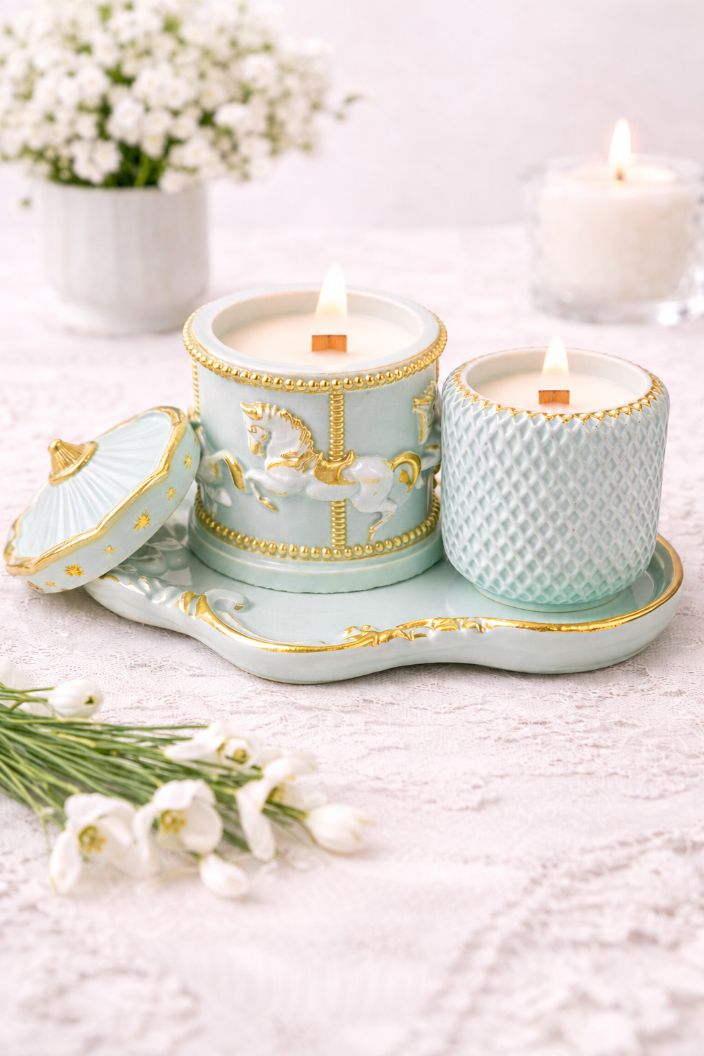 Handmade Soy Candle Set | Carousel Plaster Holders | Mint & Gold | Luxury Decor