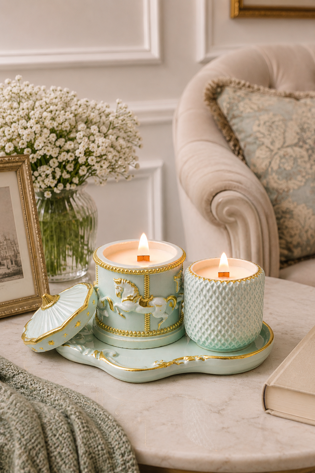 Handmade Soy Candle Set | Carousel Plaster Holders | Mint & Gold | Luxury Decor