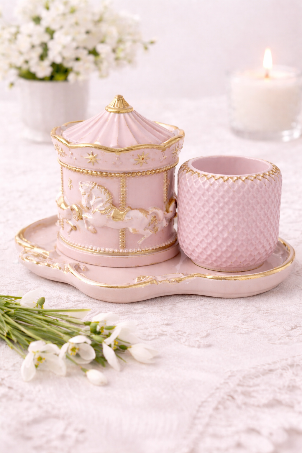 Handmade Soy Candle Set | Carousel Plaster Holders | Mint & Gold | Luxury Decor