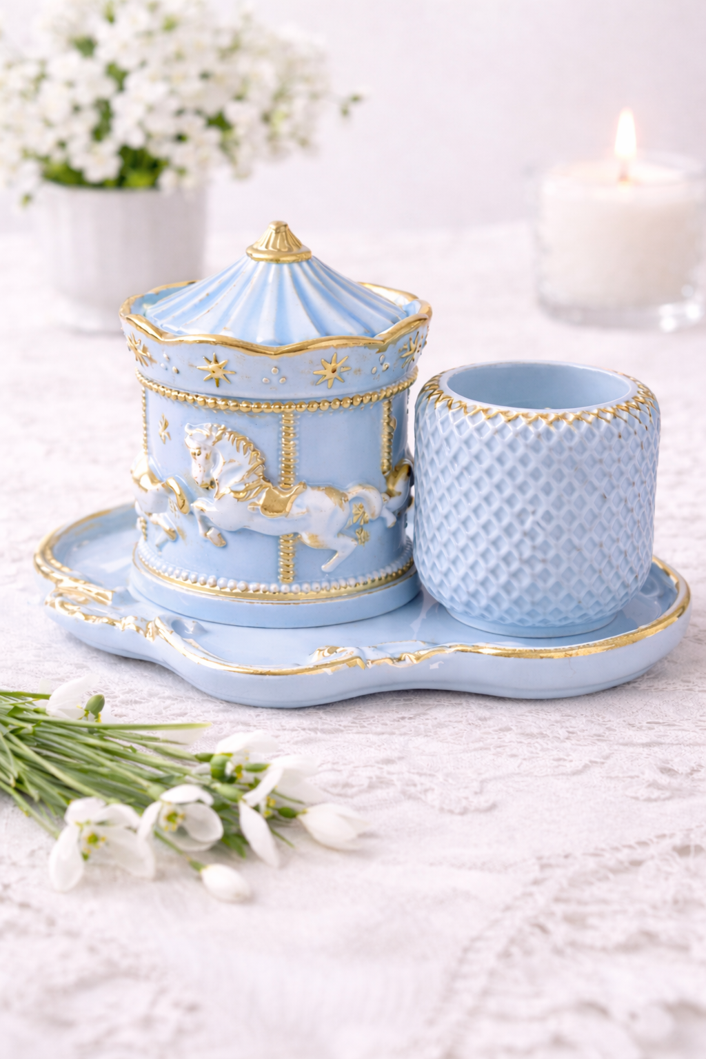 Handmade Soy Candle Set | Carousel Plaster Holders | Mint & Gold | Luxury Decor