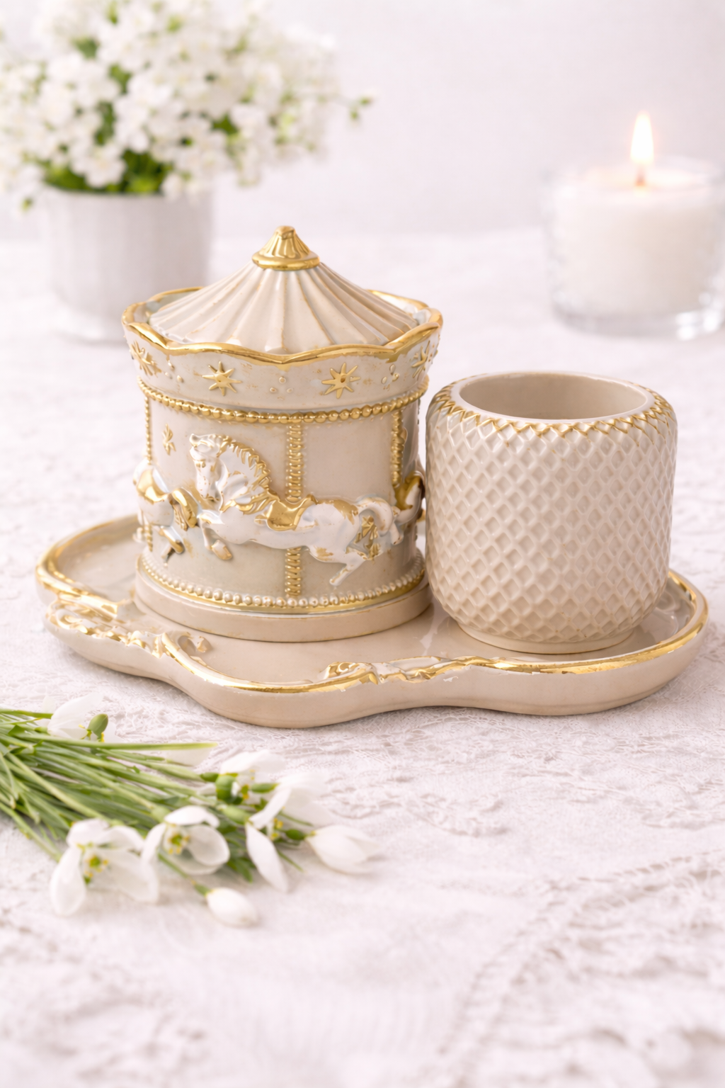 Handmade Soy Candle Set | Carousel Plaster Holders | Mint & Gold | Luxury Decor